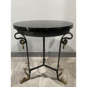 French Black Gueridon Table Solid Cast Iron With Brass Creature Accents Rare!